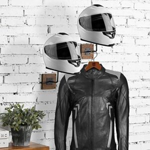 MyGift Set of 2 Wall Mounted Helmet Rack, Black Metal and Rustic Burnt Wood Base Motorcycle, Bicycle, Skateboard Helmet Display Holder and Jacket/Coat Hanger