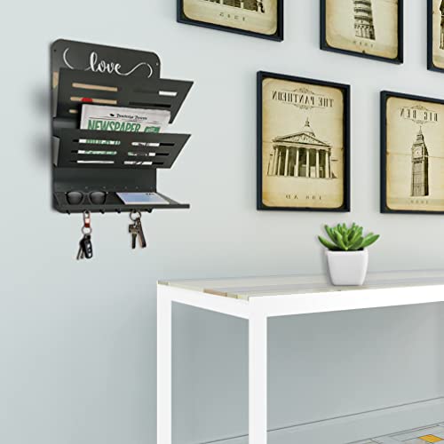 Beyond Decor Key Holder & Mail Shelf- Wall Organizer Rack for Keys, Letters, Bills, Phones - Perfect for Entryway, Kitchen (Matte Black, Love Lives Here)