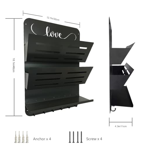 Beyond Decor Key Holder & Mail Shelf- Wall Organizer Rack for Keys, Letters, Bills, Phones - Perfect for Entryway, Kitchen (Matte Black, Love Lives Here)