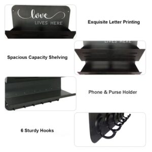 Beyond Decor Key Holder & Mail Shelf- Wall Organizer Rack for Keys, Letters, Bills, Phones - Perfect for Entryway, Kitchen (Matte Black, Love Lives Here)