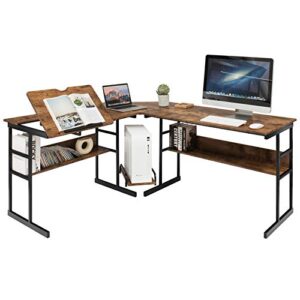 tangkula 67 inches l-shaped desk, corner computer desk with bottom bookshelves & cpu stand, drafting drawing table with tiltable desktop, corner computer workstation home office desk (rustic brown)