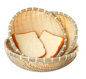 cedilis 3 pack bamboo basket tray, wicker bread basket, 100% natural handmade woven fruit basket, u shape holder flat shallow vegetables serving basket, stackable, 10inch, 11inch, 12inch