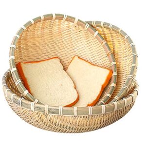 Cedilis 3 Pack Bamboo Basket Tray, Wicker Bread Basket, 100% Natural Handmade Woven Fruit Basket, U Shape Holder Flat Shallow Vegetables Serving Basket, Stackable, 10Inch, 11Inch, 12Inch