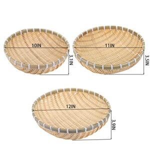 Cedilis 3 Pack Bamboo Basket Tray, Wicker Bread Basket, 100% Natural Handmade Woven Fruit Basket, U Shape Holder Flat Shallow Vegetables Serving Basket, Stackable, 10Inch, 11Inch, 12Inch