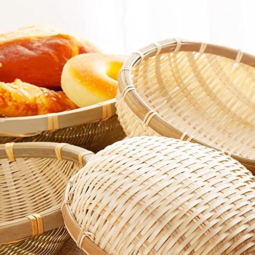 Cedilis 3 Pack Bamboo Basket Tray, Wicker Bread Basket, 100% Natural Handmade Woven Fruit Basket, U Shape Holder Flat Shallow Vegetables Serving Basket, Stackable, 10Inch, 11Inch, 12Inch