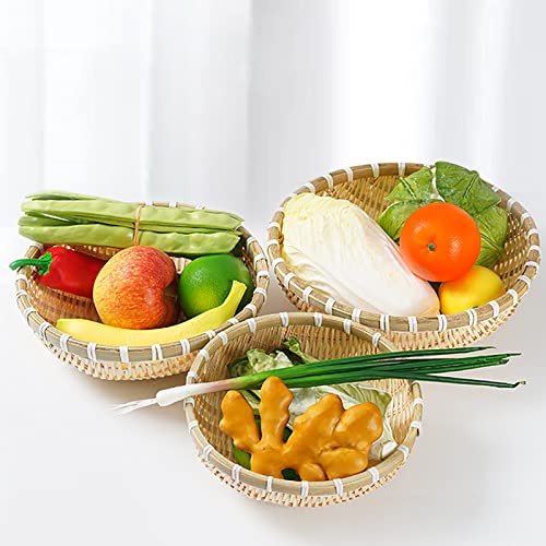 Cedilis 3 Pack Bamboo Basket Tray, Wicker Bread Basket, 100% Natural Handmade Woven Fruit Basket, U Shape Holder Flat Shallow Vegetables Serving Basket, Stackable, 10Inch, 11Inch, 12Inch