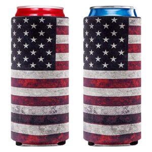 rolees slim can sleeves - neoprene bottle insulator sleeve set of 2 can beverage coolers for 12oz energy drink & beer cans like white claw, red bull, michelob ultra (retro american flag)