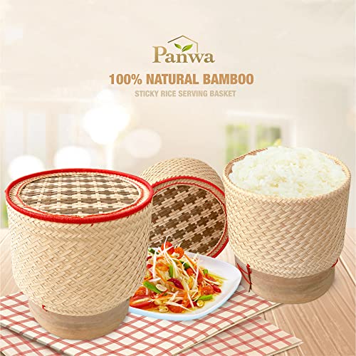 PANWA Bamboo Sticky Rice Serving Basket Handmade 100% Eco-Friendly Thai Kratip Container Prestige Collection Caramel and Natural with Vegetable Plant Based Dye - Food Safe