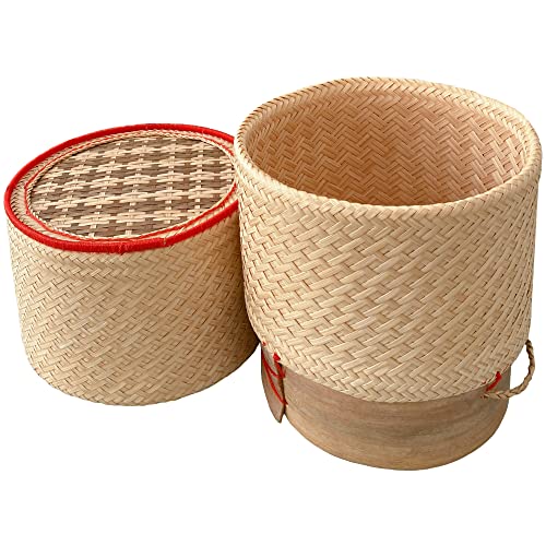 PANWA Bamboo Sticky Rice Serving Basket Handmade 100% Eco-Friendly Thai Kratip Container Prestige Collection Caramel and Natural with Vegetable Plant Based Dye - Food Safe