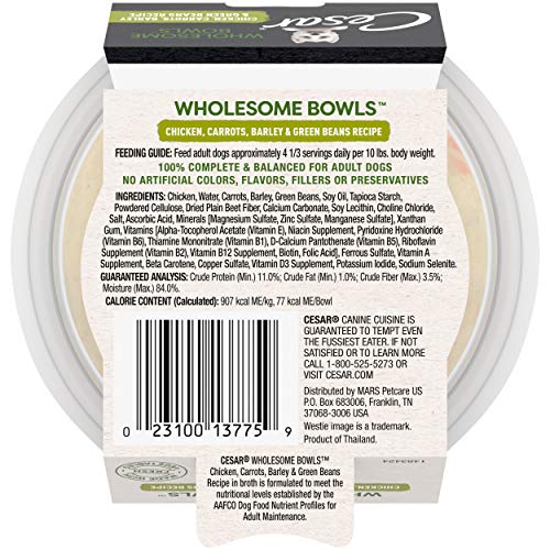 CESAR WHOLESOME BOWLS Adult Soft Wet Dog Food Chicken, Carrots, Barley & Green Beans Recipe, (10) 3 oz. Bowls