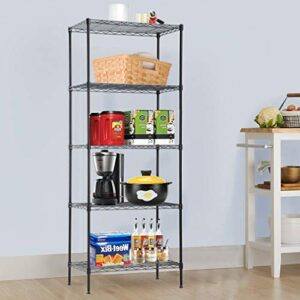 nsf 5-tier wire shelving unit, layer shelf utility steel commercial grade storage shelves heavy duty metal shelves organizer rack with leveling feet for kitchen office garage, 24"l x 14"w x 60"h,black