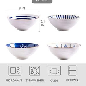 Porcelain Bowls Set of 4, Ceramic Salad Bowl, Large Serving Bowl for Desserts, Ramen, Pho, Noodles, 35 Ounce,8-inch Pho, Noodles, Asian dishes, Set of 4