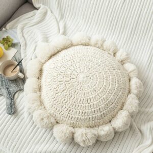 adory sweety knitted throw pillow round couch pillow sofa cute cushion handmade pompoms decorative plush pillow (beige, diameter 18inches)