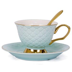 vanenjoy blue vintage 8 ounces porcelain coffee cup, tea cup and saucer set and saucer with decorative scale pattern, vintage