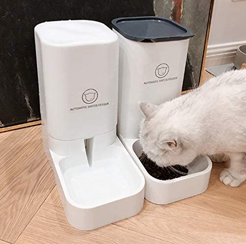 Automatic pet Feeder and Water Dispenser Set Cat and Dog Big Capacity Pet Bowl for Cats & Small,Medium, Large Dogs 1 Gallon Feeder and 3.7L Waterer (Waterer+Feeder White)