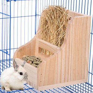 zaryieeo rabbit hay feeder, wooden grass & food 2 in 1 double use dispenser, wood rack manger holder for bunny guinea pig chinchilla, less wasted indoor bowl small animal pet-self feeding bin