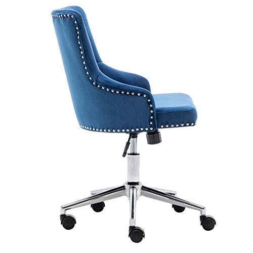 BTEXPERT Home Office Arm Adjustable Navy Tufted Leisure Nail Head Trim Upholstery Bedroom Study Desk Task Chair, Blue Velvet Chrome Base