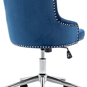 BTEXPERT Home Office Arm Adjustable Navy Tufted Leisure Nail Head Trim Upholstery Bedroom Study Desk Task Chair, Blue Velvet Chrome Base