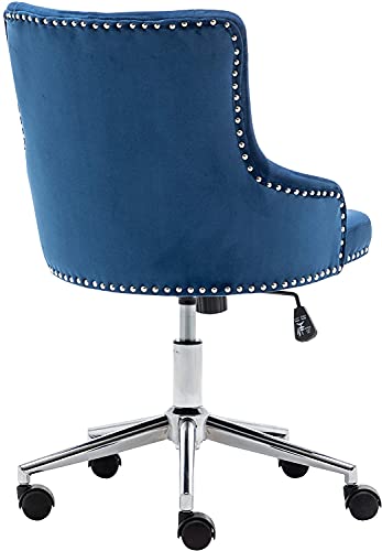 BTEXPERT Home Office Arm Adjustable Navy Tufted Leisure Nail Head Trim Upholstery Bedroom Study Desk Task Chair, Blue Velvet Chrome Base