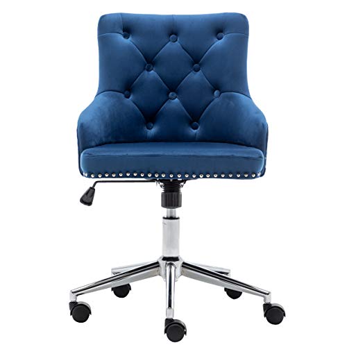 BTEXPERT Home Office Arm Adjustable Navy Tufted Leisure Nail Head Trim Upholstery Bedroom Study Desk Task Chair, Blue Velvet Chrome Base