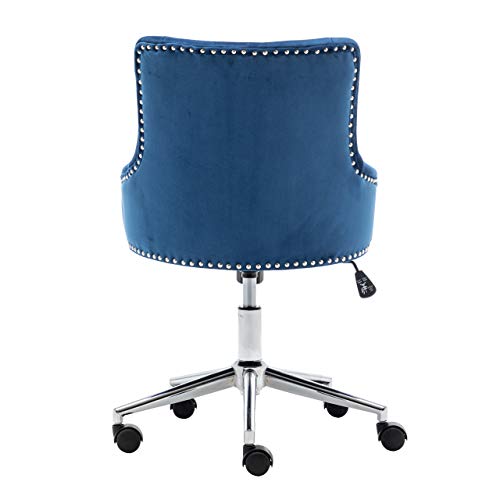 BTEXPERT Home Office Arm Adjustable Navy Tufted Leisure Nail Head Trim Upholstery Bedroom Study Desk Task Chair, Blue Velvet Chrome Base