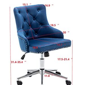 BTEXPERT Home Office Arm Adjustable Navy Tufted Leisure Nail Head Trim Upholstery Bedroom Study Desk Task Chair, Blue Velvet Chrome Base