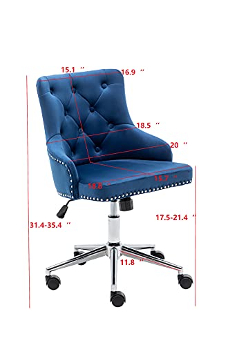 BTEXPERT Home Office Arm Adjustable Navy Tufted Leisure Nail Head Trim Upholstery Bedroom Study Desk Task Chair, Blue Velvet Chrome Base