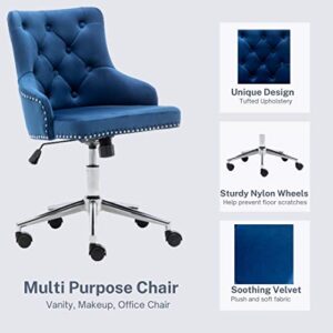 BTEXPERT Home Office Arm Adjustable Navy Tufted Leisure Nail Head Trim Upholstery Bedroom Study Desk Task Chair, Blue Velvet Chrome Base