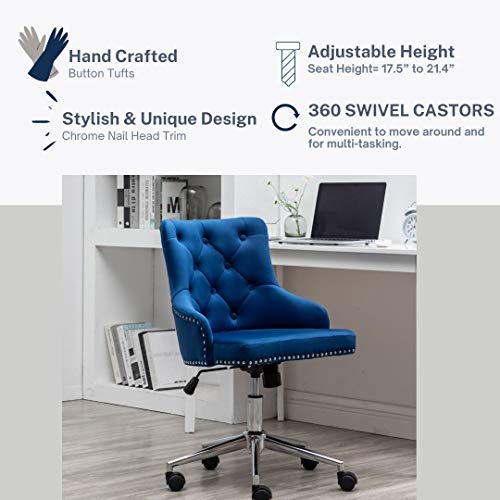 BTEXPERT Home Office Arm Adjustable Navy Tufted Leisure Nail Head Trim Upholstery Bedroom Study Desk Task Chair, Blue Velvet Chrome Base