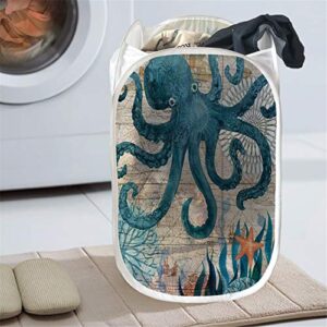 Frestree Pop Up Laundry Hamper for Bedroom Livingroom Bathroom Kids Adults Clothes Big Storage Basket Ocean Octopus Print Foldable Home Decor
