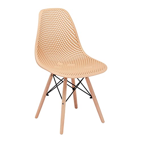 CangLong Dining Mid Century Modern DSW Hollow Back Design Plastic Shell Armless Side Chair with Beech Wood Legs, Set of 1, Beige