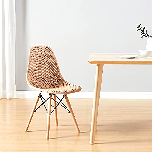 CangLong Dining Mid Century Modern DSW Hollow Back Design Plastic Shell Armless Side Chair with Beech Wood Legs, Set of 1, Beige