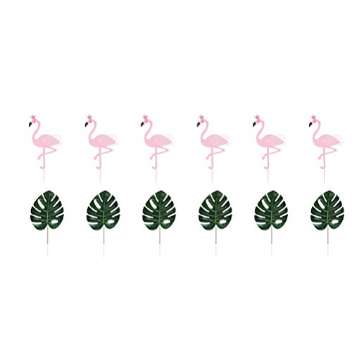 Amosfun Hawaiian Theme Cake Toppers Flamingo Cake Picks Monstera Cake Decoration Party Dessert Insert Favor (Monstera and Flamingo) for Party Cake Decortion