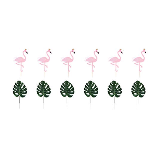 Amosfun Hawaiian Theme Cake Toppers Flamingo Cake Picks Monstera Cake Decoration Party Dessert Insert Favor (Monstera and Flamingo) for Party Cake Decortion