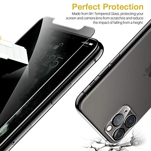 LK 2 Pack for iPhone 11 Pro Max Screen Protector + 2 Pack Camera Lens Protector, [Anti-Spy] Bubble Free, HD-Clear Privacy Tempered Glass for iPhone 11 Pro Max, 9H Hardness, Case Friendly