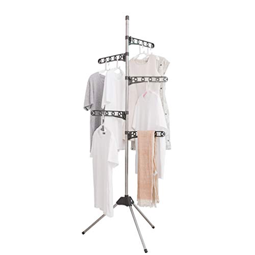 BAOYOUNI Foldable Laundry Pole Clothes Tree Drying Rack Airer Corner Tripod Coat Hanger Standing Garment Storage Shelf Holder Indoor Space Saving Organizer with 5 Adjustable Arms, Grey