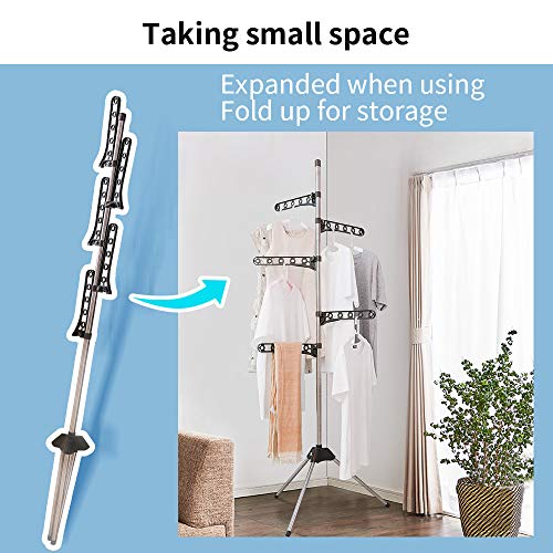 BAOYOUNI Foldable Laundry Pole Clothes Tree Drying Rack Airer Corner Tripod Coat Hanger Standing Garment Storage Shelf Holder Indoor Space Saving Organizer with 5 Adjustable Arms, Grey