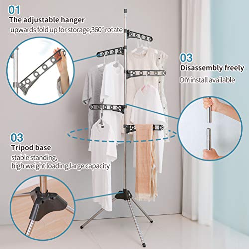 BAOYOUNI Foldable Laundry Pole Clothes Tree Drying Rack Airer Corner Tripod Coat Hanger Standing Garment Storage Shelf Holder Indoor Space Saving Organizer with 5 Adjustable Arms, Grey