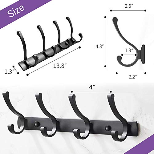 Spotact Wall Mounted Coat Rack, 4 Dual Hooks for Hanging Coats Black Towel Hanger 13.8”x1.3” Anti-Rust Clothes Hook for Entryway, Bathroom, Room, Kitchen (4 Hooks(2 Packs))