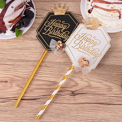 Amosfun Crown Cake Toppers Hexagon Cake Inserts Elegant Cupcake Decor Party Supplies (White+ Black) for Party Cake Decortion