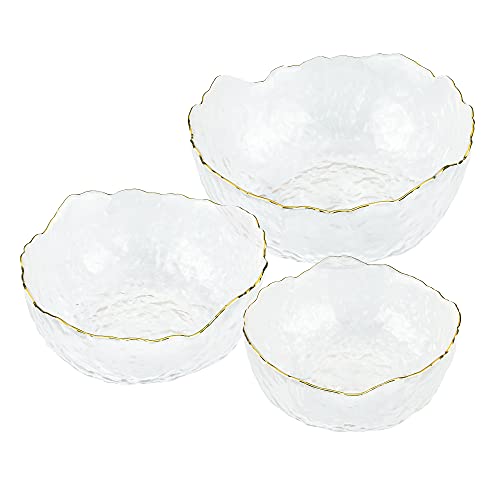 Navaris Glass Serving Bowls - Set of 3 Gold Edge Tempered Glass Dessert Bowl Dishes for Ice Cream, Jelly, Fruit, Hot, Cold Food- Small, Medium, Large