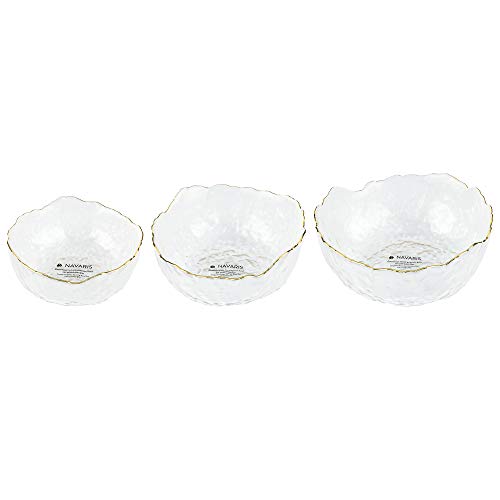 Navaris Glass Serving Bowls - Set of 3 Gold Edge Tempered Glass Dessert Bowl Dishes for Ice Cream, Jelly, Fruit, Hot, Cold Food- Small, Medium, Large