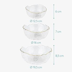 Navaris Glass Serving Bowls - Set of 3 Gold Edge Tempered Glass Dessert Bowl Dishes for Ice Cream, Jelly, Fruit, Hot, Cold Food- Small, Medium, Large