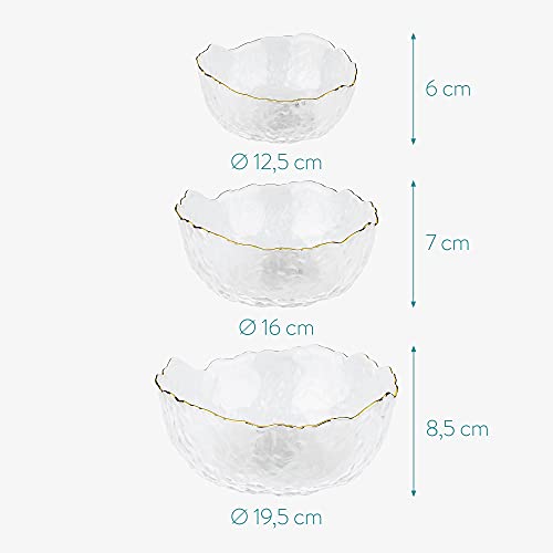 Navaris Glass Serving Bowls - Set of 3 Gold Edge Tempered Glass Dessert Bowl Dishes for Ice Cream, Jelly, Fruit, Hot, Cold Food- Small, Medium, Large