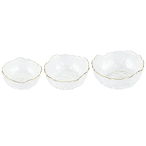 Navaris Glass Serving Bowls - Set of 3 Gold Edge Tempered Glass Dessert Bowl Dishes for Ice Cream, Jelly, Fruit, Hot, Cold Food- Small, Medium, Large