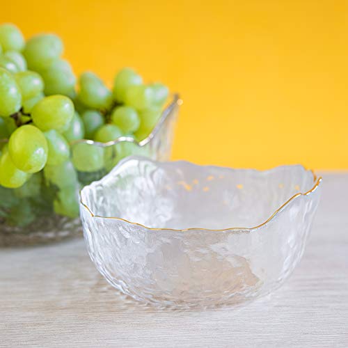 Navaris Glass Serving Bowls - Set of 3 Gold Edge Tempered Glass Dessert Bowl Dishes for Ice Cream, Jelly, Fruit, Hot, Cold Food- Small, Medium, Large