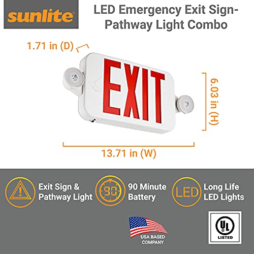 Sunlite 05279 LED Emergency Exit Sign Red, Dual Light with 90-Minute Battery Power Back-Up, 350 Degree Adjustable Head Lamps, 200 Lumens, 120-277V, Ceiling or Wall Mount, Long Lasting, Fire Safety