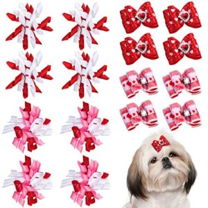chuangdi 16 pieces valentine's day dog hair bows dog curve bows puppy topknot hair bows mixed styles pet cat puppy rhinestone hair bows with rubber bands grooming accessories