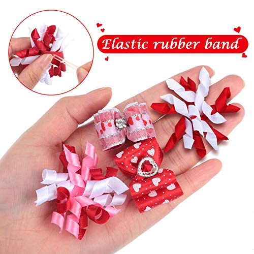 Chuangdi 16 Pieces Valentine's Day Dog Hair Bows Dog Curve Bows Puppy Topknot Hair Bows Mixed Styles Pet Cat Puppy Rhinestone Hair Bows with Rubber Bands Grooming Accessories