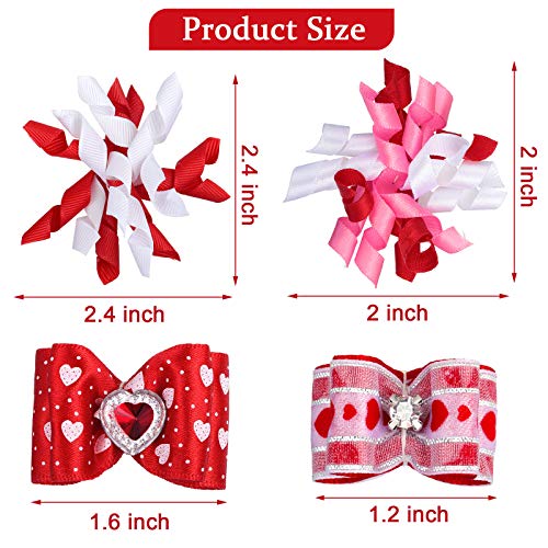 Chuangdi 16 Pieces Valentine's Day Dog Hair Bows Dog Curve Bows Puppy Topknot Hair Bows Mixed Styles Pet Cat Puppy Rhinestone Hair Bows with Rubber Bands Grooming Accessories